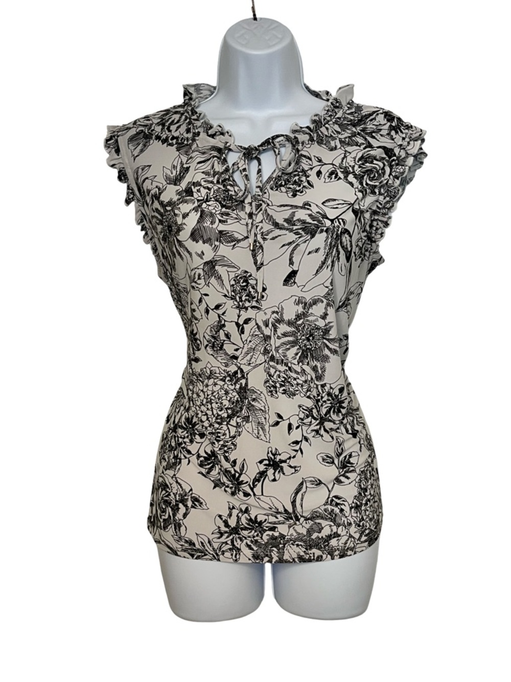 Tommy Hilfiger Black Floral Ruffle Tie-Neck Camisole on Cream